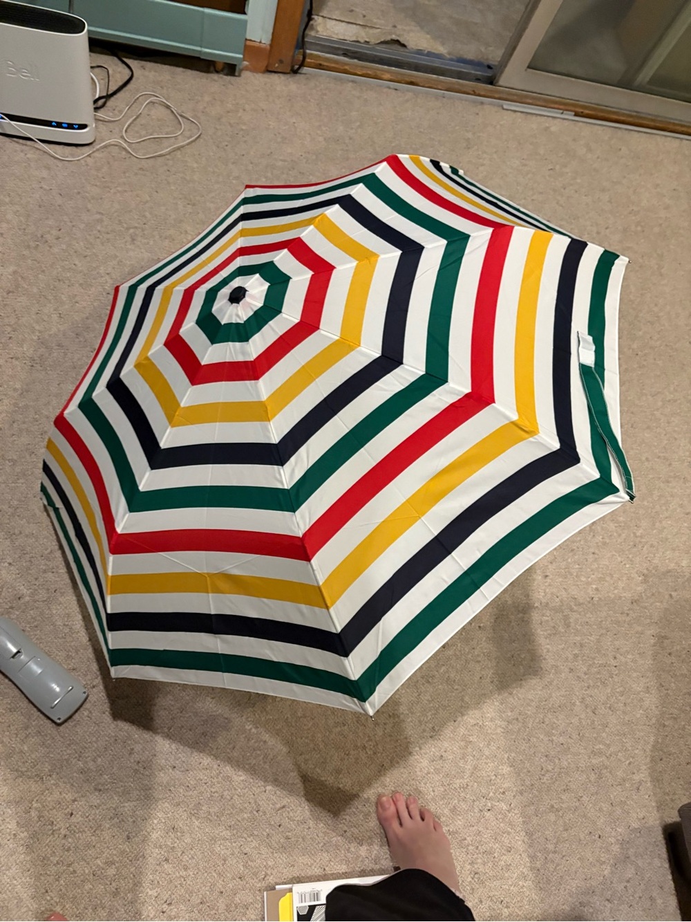 HBC Striped Compact Umbrella by Fulton- Red, Yellow, green, Navy & White! - Picture 2 of 5